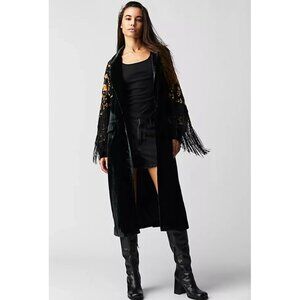 Free People Bali Rosalina Embroidered Velvet Duster Floral Fringes Black Medium